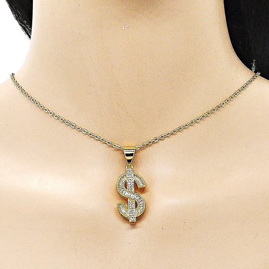 Oro Laminado Fancy Pendant, Gold Filled Style Money Sign and Baguette Design, with White Cubic Zirconia and White Micro Pave, Polished, Golden Finish