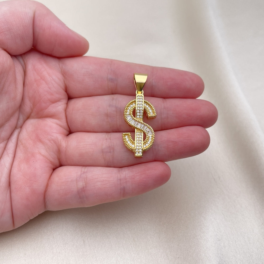 Oro Laminado Fancy Pendant, Gold Filled Style Money Sign and Baguette Design, with White Cubic Zirconia and White Micro Pave, Polished, Golden Finish