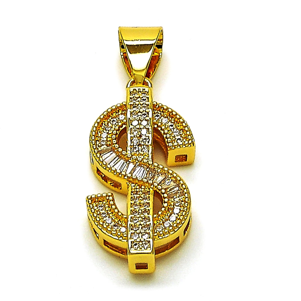 Oro Laminado Fancy Pendant, Gold Filled Style Money Sign and Baguette Design, with White Cubic Zirconia and White Micro Pave, Polished, Golden Finish