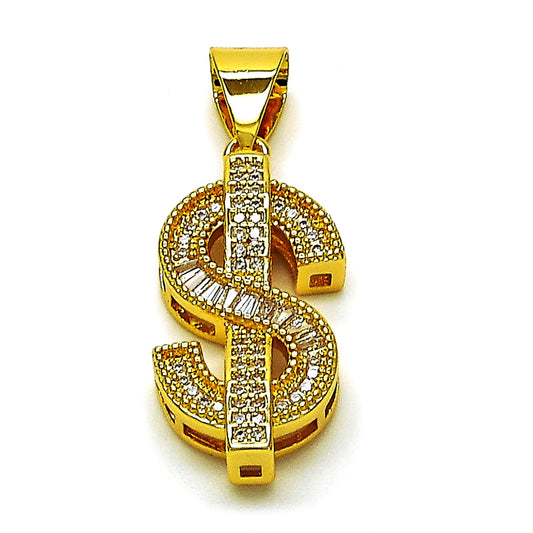 Oro Laminado Fancy Pendant, Gold Filled Style Money Sign and Baguette Design, with White Cubic Zirconia and White Micro Pave, Polished, Golden Finish
