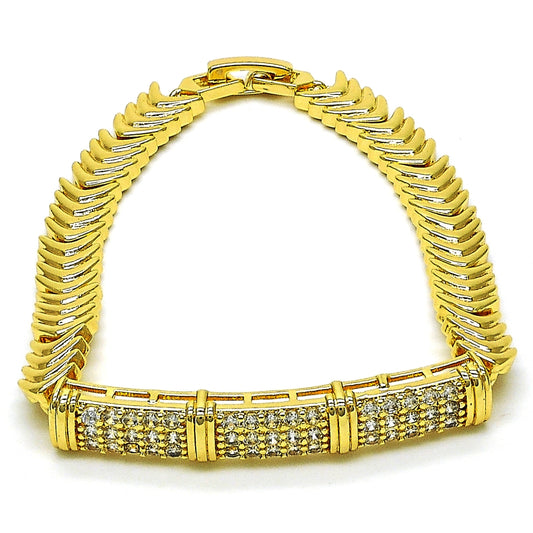 Oro Laminado Fancy Bracelet, Gold Filled Style Nameplate Design, with White Cubic Zirconia, Polished, Golden Finish