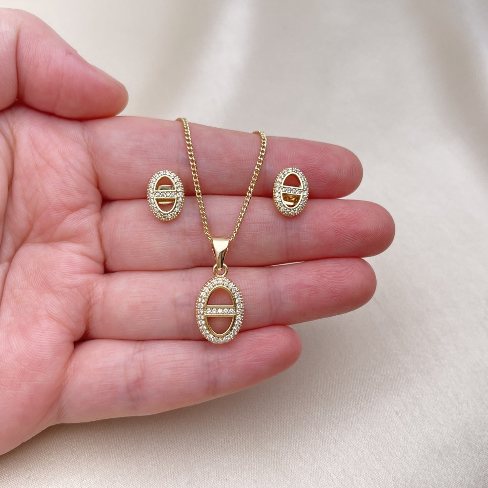 Oro Laminado Earring and Pendant Adult Set, Gold Filled Style Puff Mariner Design, with White Micro Pave, Polished, Golden Finish