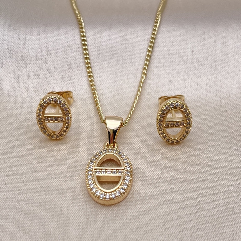 Oro Laminado Earring and Pendant Adult Set, Gold Filled Style Puff Mariner Design, with White Micro Pave, Polished, Golden Finish