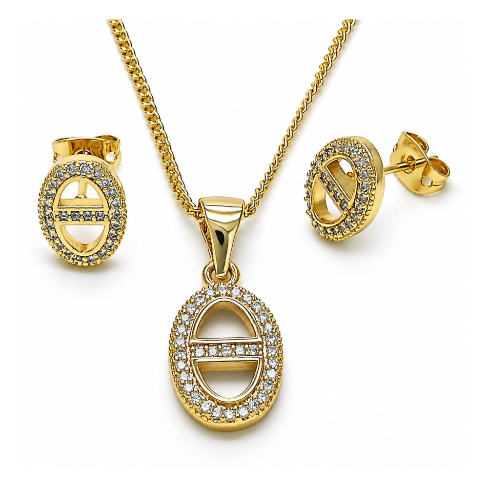 Oro Laminado Earring and Pendant Adult Set, Gold Filled Style Puff Mariner Design, with White Micro Pave, Polished, Golden Finish