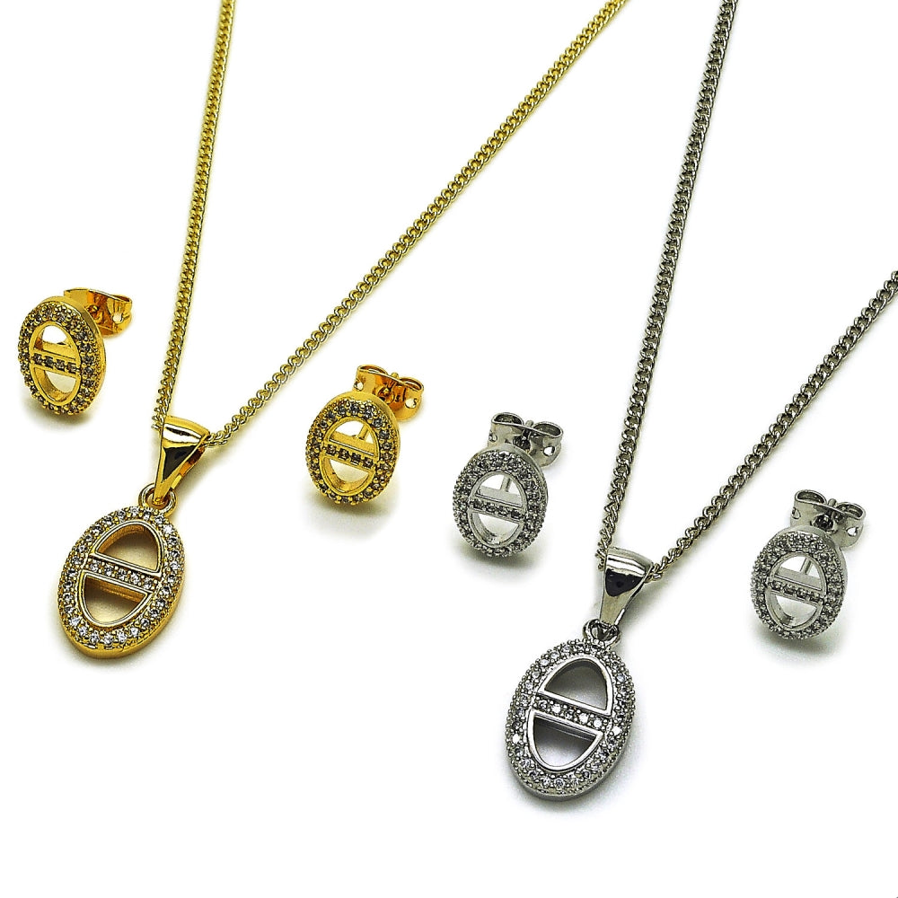 Oro Laminado Earring and Pendant Adult Set, Gold Filled Style Puff Mariner Design, with White Micro Pave, Polished, Golden Finish