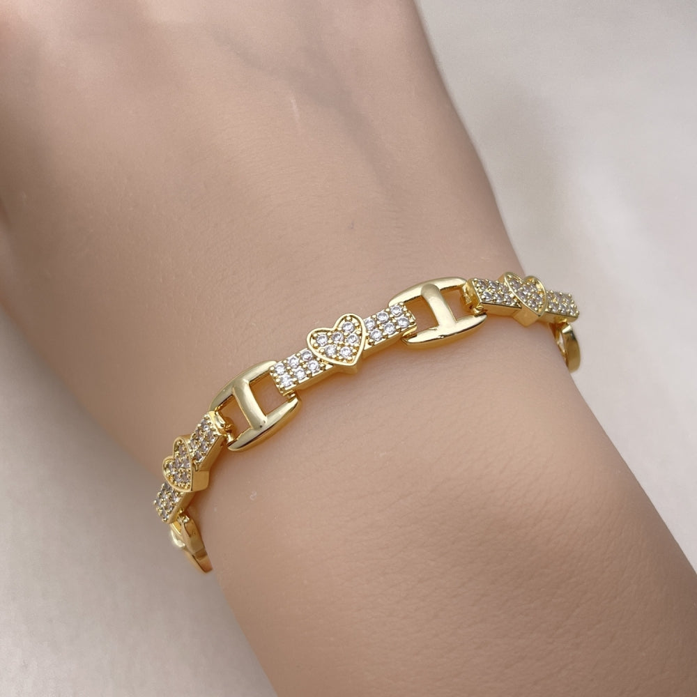 Oro Laminado Fancy Bracelet, Gold Filled Style Heart Design, with White Micro Pave, Polished, Golden Finish