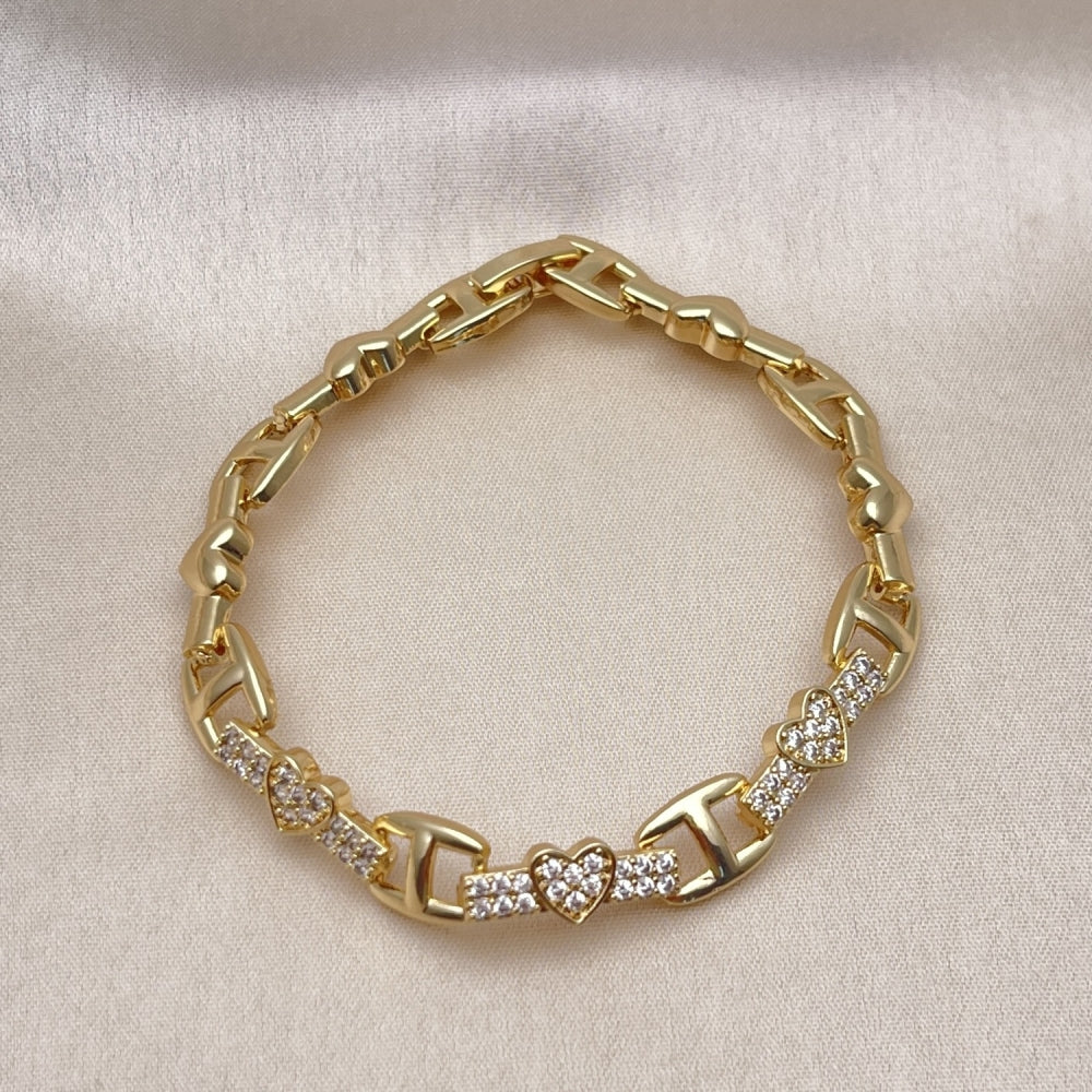 Oro Laminado Fancy Bracelet, Gold Filled Style Heart Design, with White Micro Pave, Polished, Golden Finish
