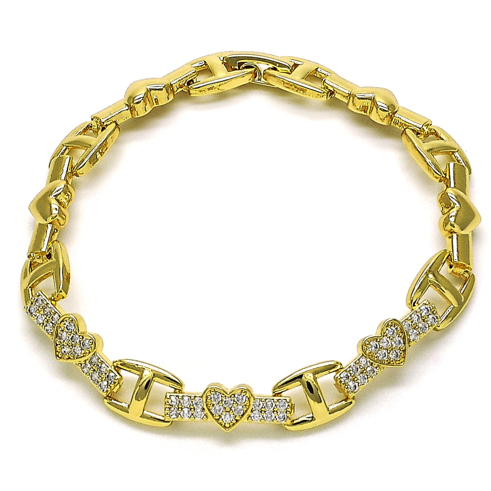 Oro Laminado Fancy Bracelet, Gold Filled Style Heart Design, with White Micro Pave, Polished, Golden Finish