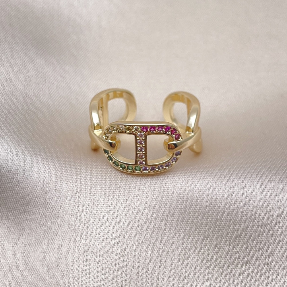 Oro Laminado Multi Stone Ring, Gold Filled Style Mariner Design, with Multicolor Micro Pave, Polished, Golden Finish