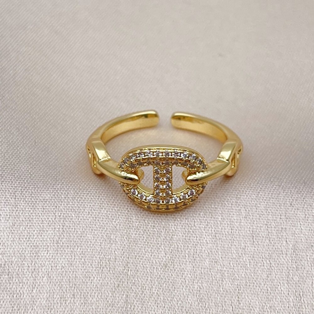 Oro Laminado Multi Stone Ring, Gold Filled Style Puff Mariner Design, with White Micro Pave, Polished, Golden Finish