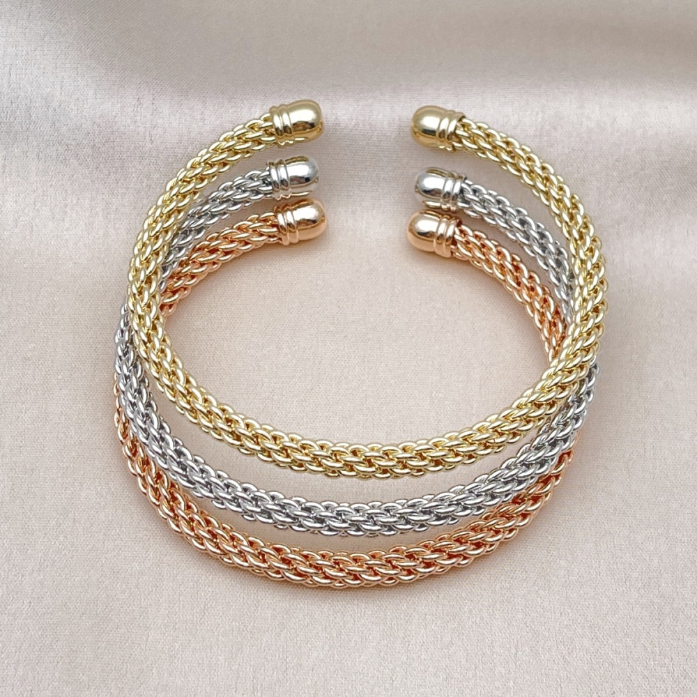Oro Laminado Trio Bangle, Gold Filled Style Twist and Rope Design, Polished, Tricolor