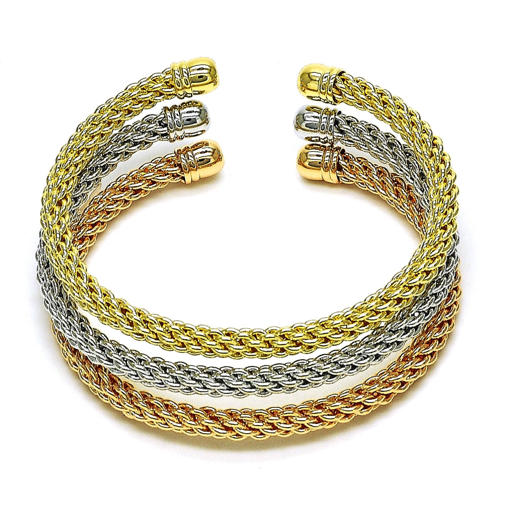 Oro Laminado Trio Bangle, Gold Filled Style Twist and Rope Design, Polished, Tricolor