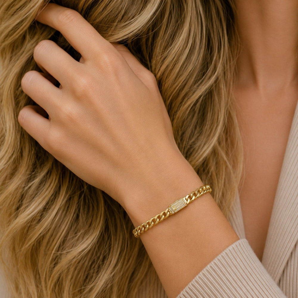 Oro Laminado Basic Bracelet, Gold Filled Style Miami Cuban Design, with White Micro Pave, Polished, Golden Finish