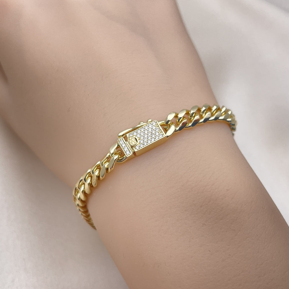 Oro Laminado Basic Bracelet, Gold Filled Style Miami Cuban Design, with White Micro Pave, Polished, Golden Finish
