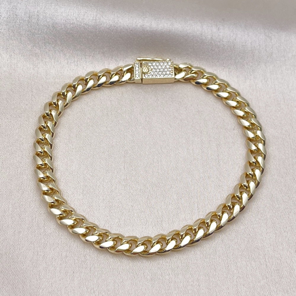 Oro Laminado Basic Bracelet, Gold Filled Style Miami Cuban Design, with White Micro Pave, Polished, Golden Finish