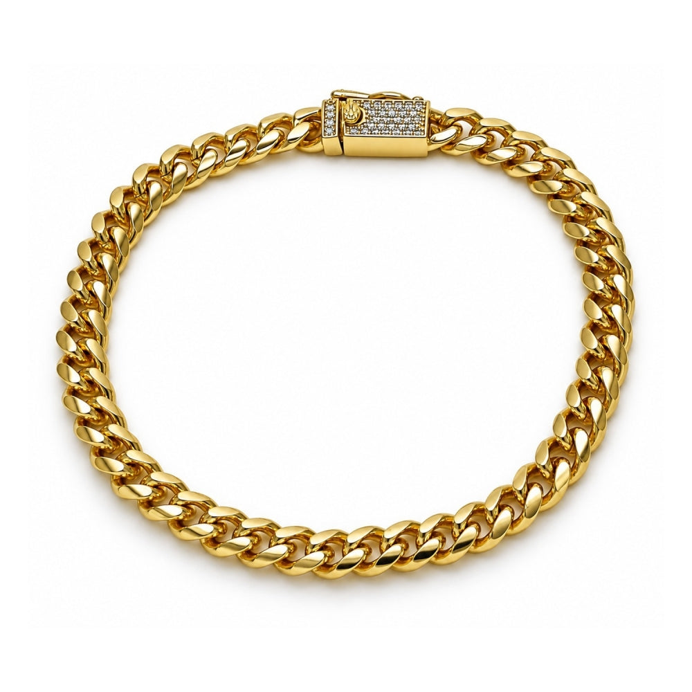 Oro Laminado Basic Bracelet, Gold Filled Style Miami Cuban Design, with White Micro Pave, Polished, Golden Finish