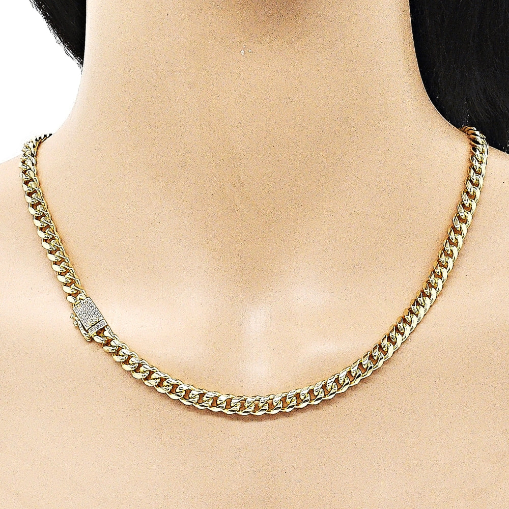Oro Laminado Basic Necklace, Gold Filled Style Miami Cuban and Box Lock Design, with White Micro Pave, Polished, Golden Finish