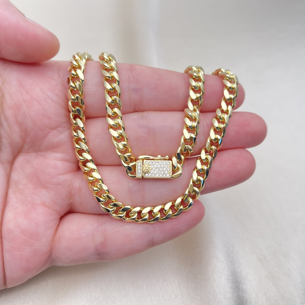 Oro Laminado Basic Necklace, Gold Filled Style Miami Cuban and Box Lock Design, with White Micro Pave, Polished, Golden Finish