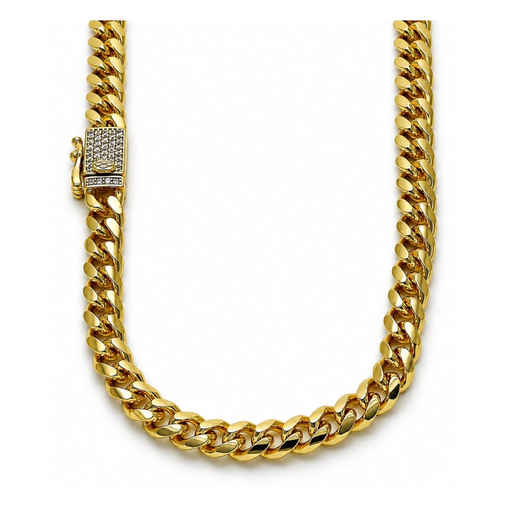 Oro Laminado Basic Necklace, Gold Filled Style Miami Cuban and Box Lock Design, with White Micro Pave, Polished, Golden Finish
