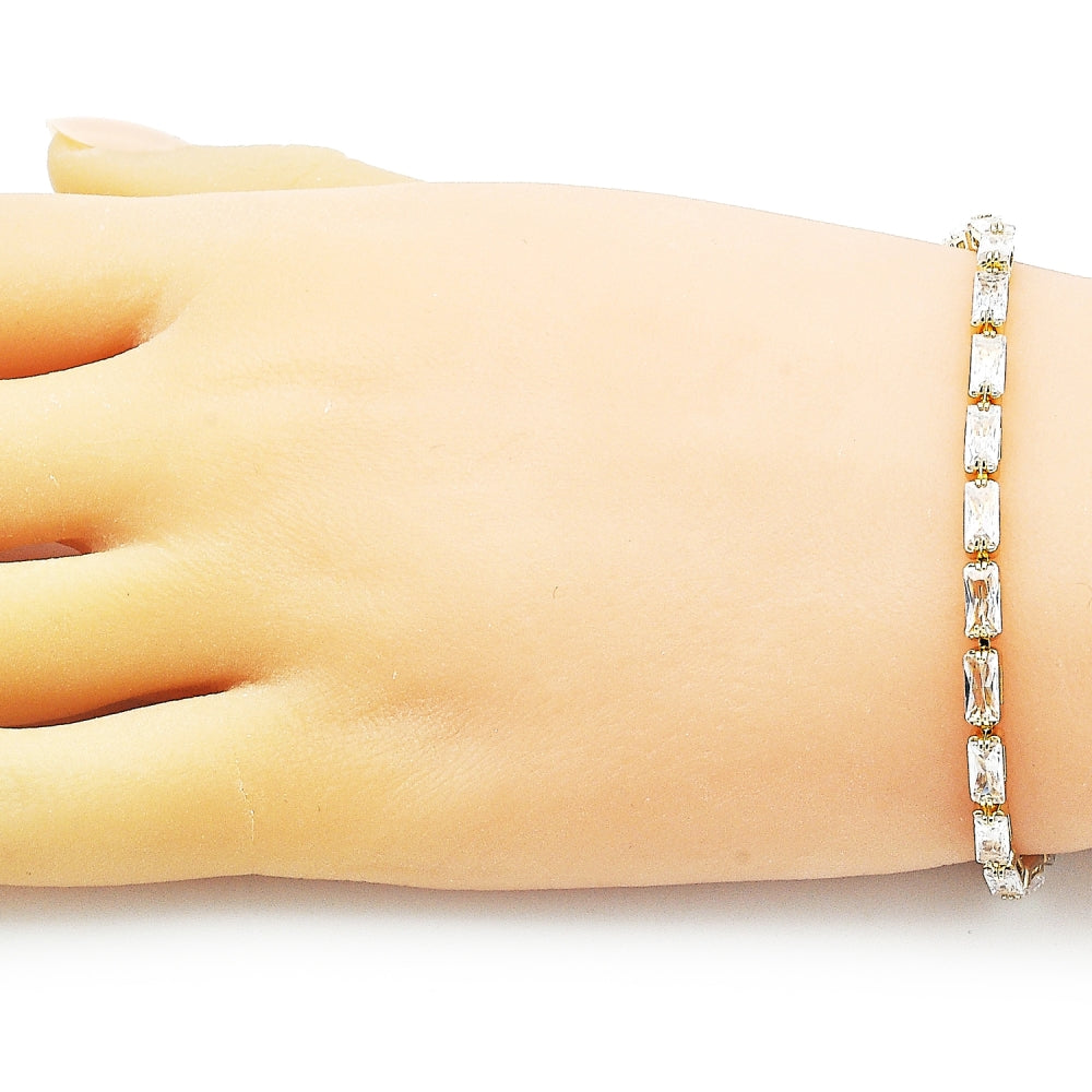 Oro Laminado Tennis Bracelet, Gold Filled Style Baguette Design, with White Cubic Zirconia, Polished, Golden Finish