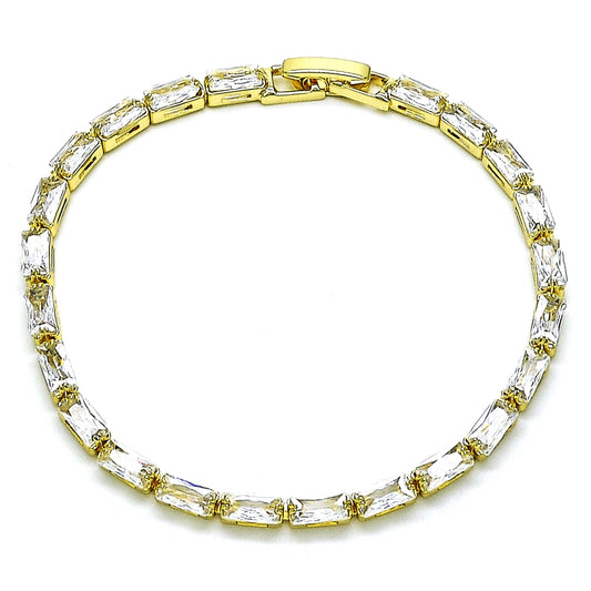 Oro Laminado Tennis Bracelet, Gold Filled Style Baguette Design, with White Cubic Zirconia, Polished, Golden Finish