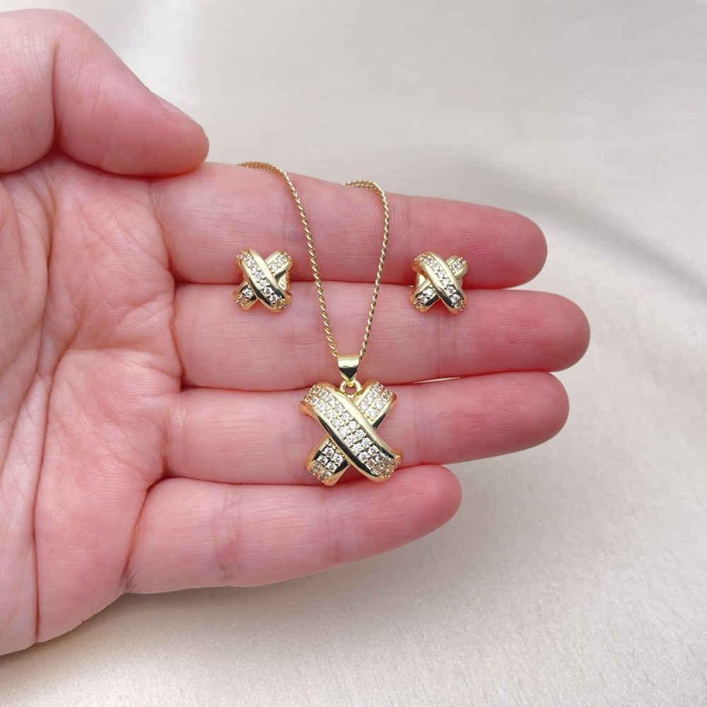 Oro Laminado Earring and Pendant Adult Set, Gold Filled Style with White Micro Pave, Polished, Golden Finish