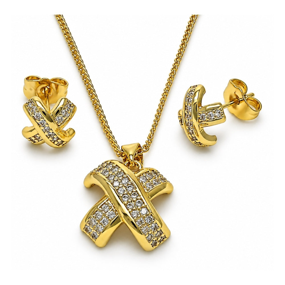 Oro Laminado Earring and Pendant Adult Set, Gold Filled Style with White Micro Pave, Polished, Golden Finish