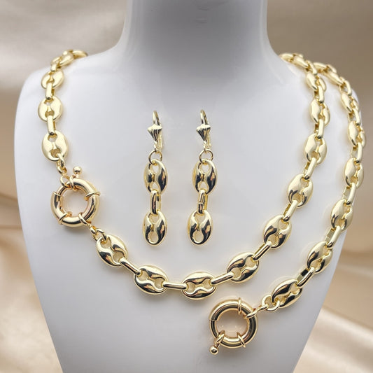 Oro Laminado Necklace, Bracelet and Earring, Gold Filled Style Puff Mariner Design, Polished, Golden Finish