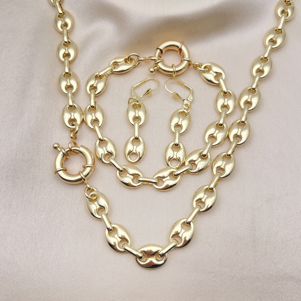 Oro Laminado Necklace, Bracelet and Earring, Gold Filled Style Puff Mariner Design, Polished, Golden Finish