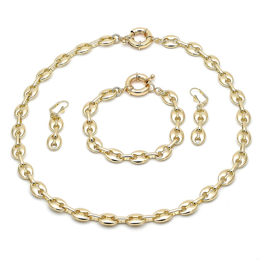 Oro Laminado Necklace, Bracelet and Earring, Gold Filled Style Puff Mariner Design, Polished, Golden Finish