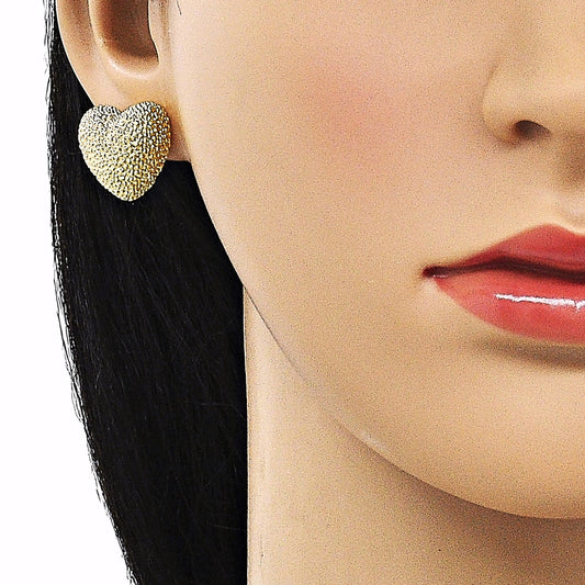 Oro Laminado Stud Earring, Gold Filled Style Heart Design, Matte Finish, Golden Finish