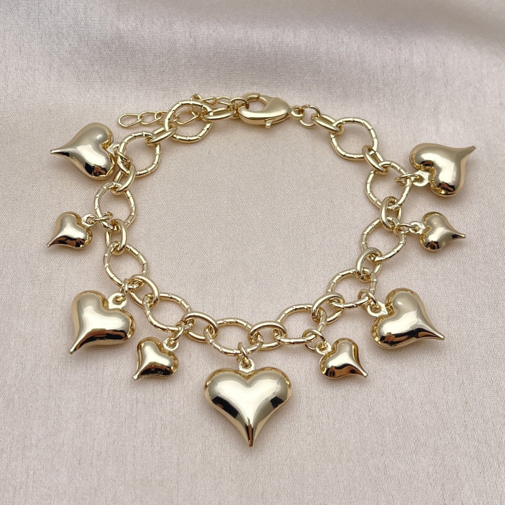 Oro Laminado Charm Bracelet, Gold Filled Style Heart and Rolo Design, Polished, Golden Finish