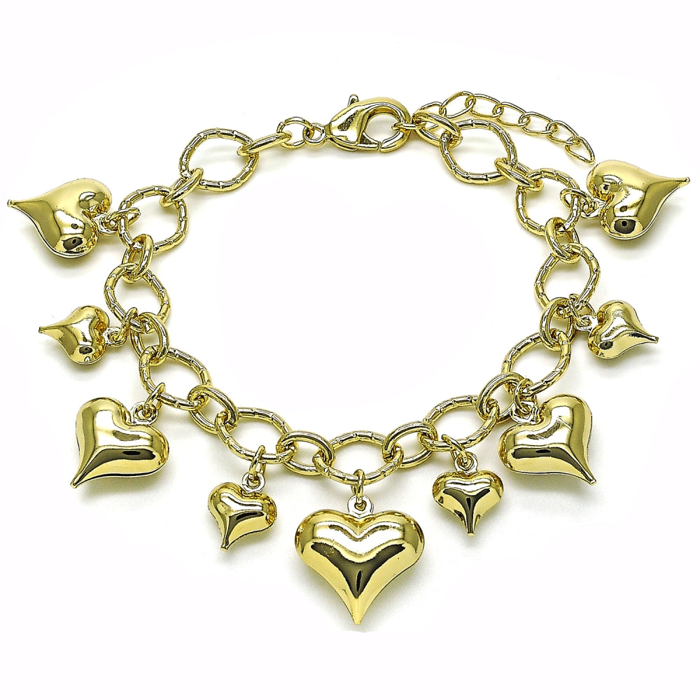 Oro Laminado Charm Bracelet, Gold Filled Style Heart and Rolo Design, Polished, Golden Finish