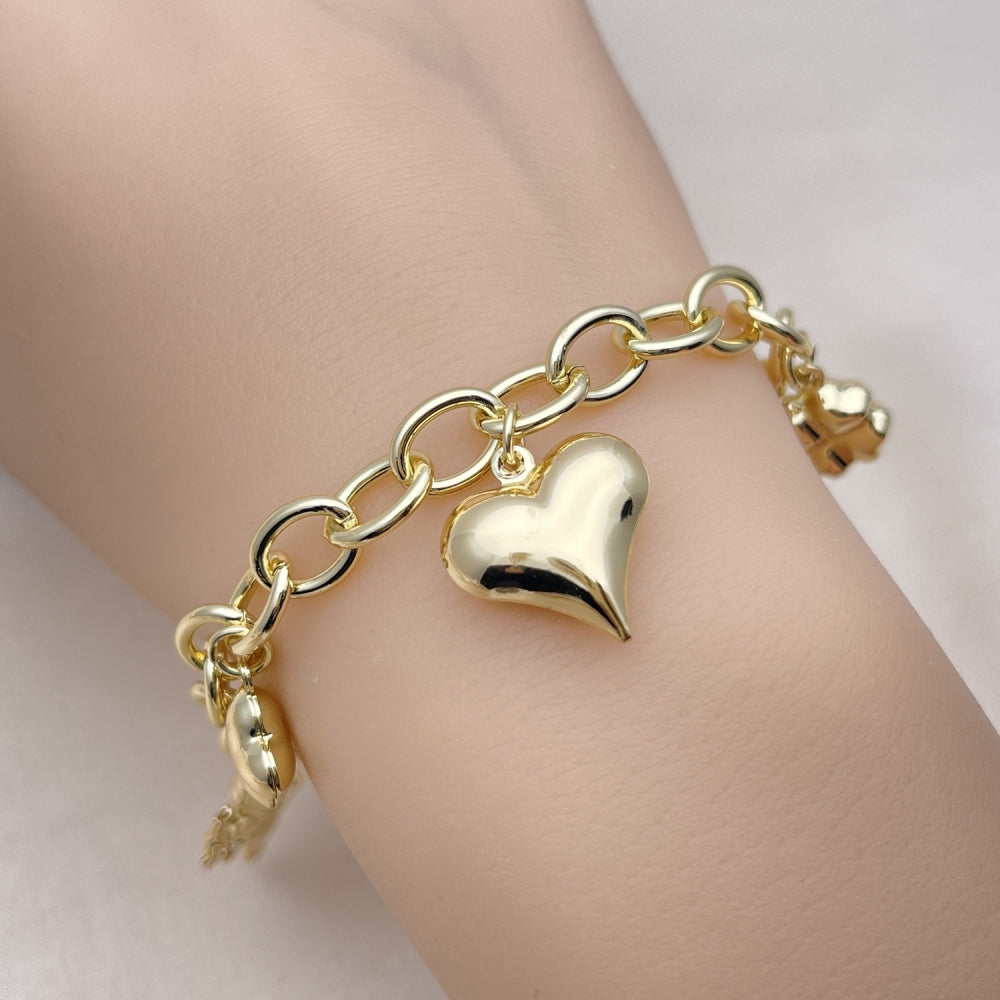 Oro Laminado Charm Bracelet, Gold Filled Style Rolo and Heart Design, Polished, Golden Finish