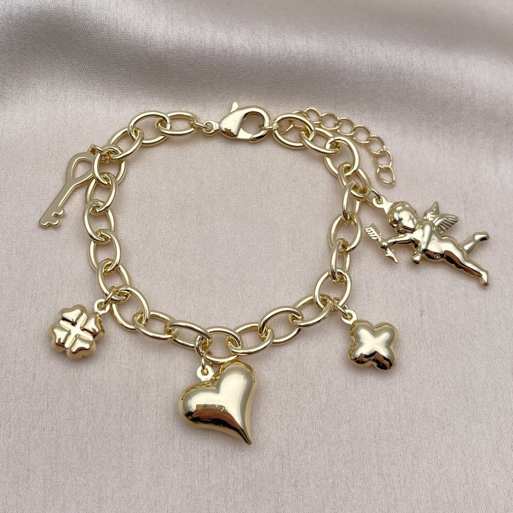 Oro Laminado Charm Bracelet, Gold Filled Style Rolo and Heart Design, Polished, Golden Finish