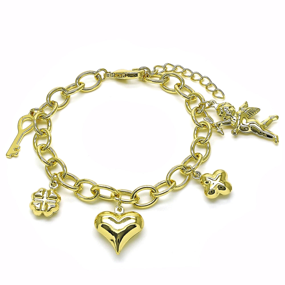 Oro Laminado Charm Bracelet, Gold Filled Style Rolo and Heart Design, Polished, Golden Finish