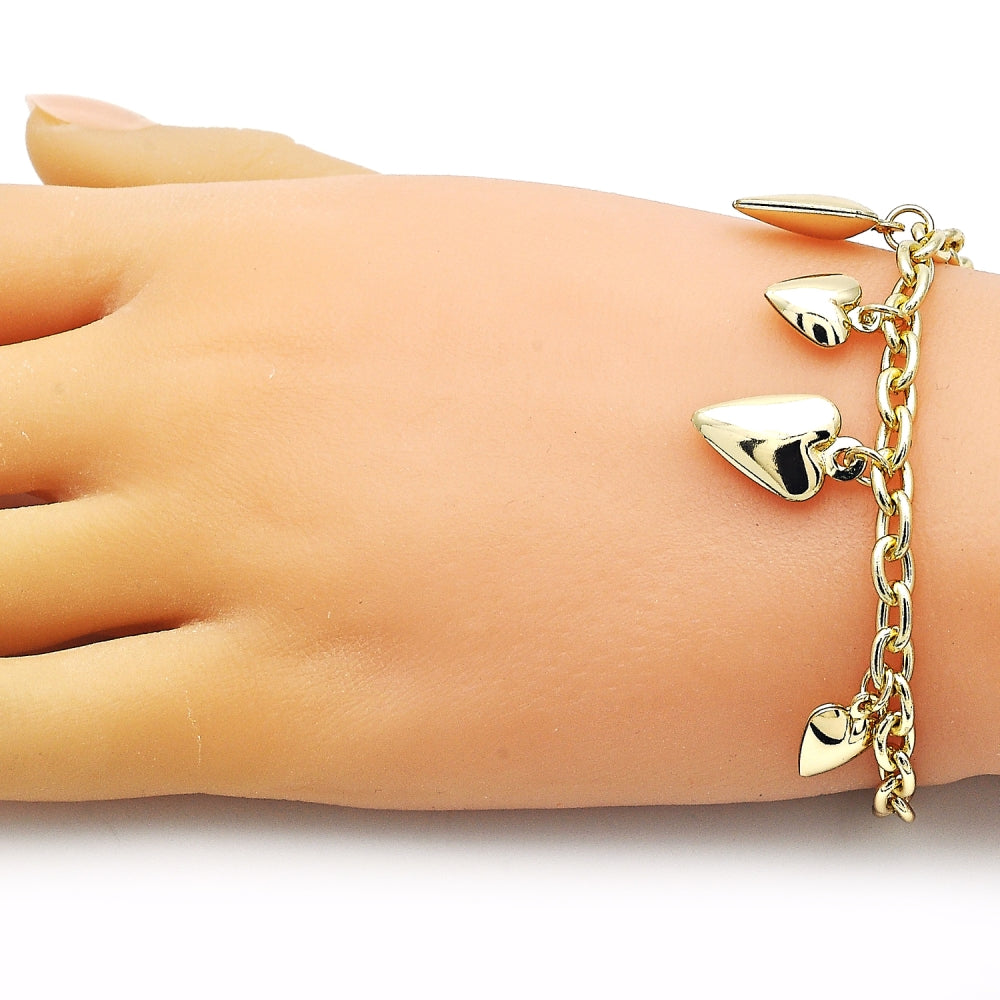 Oro Laminado Charm Bracelet, Gold Filled Style Heart and Rolo Design, Polished, Golden Finish