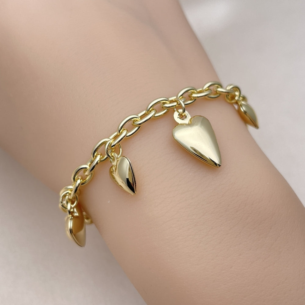 Oro Laminado Charm Bracelet, Gold Filled Style Heart and Rolo Design, Polished, Golden Finish