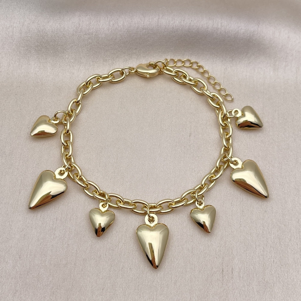 Oro Laminado Charm Bracelet, Gold Filled Style Heart and Rolo Design, Polished, Golden Finish