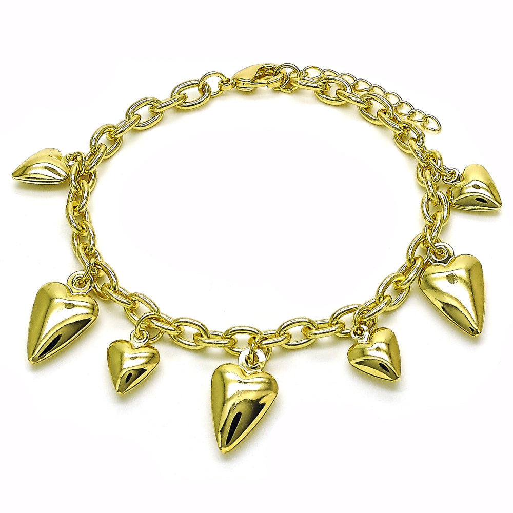 Oro Laminado Charm Bracelet, Gold Filled Style Heart and Rolo Design, Polished, Golden Finish