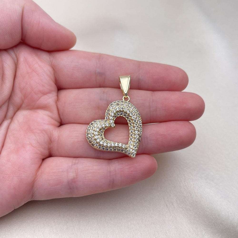Oro Laminado Fancy Pendant, Gold Filled Style Heart Design, with White Micro Pave, Polished, Golden Finish