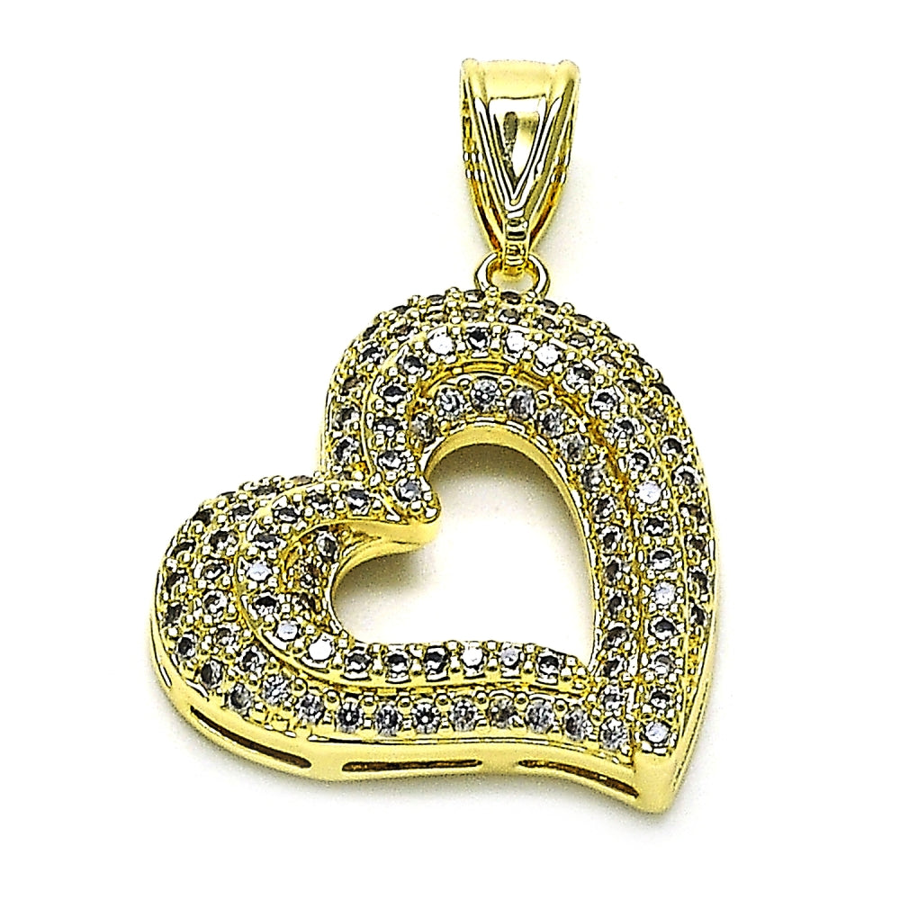 Oro Laminado Fancy Pendant, Gold Filled Style Heart Design, with White Micro Pave, Polished, Golden Finish