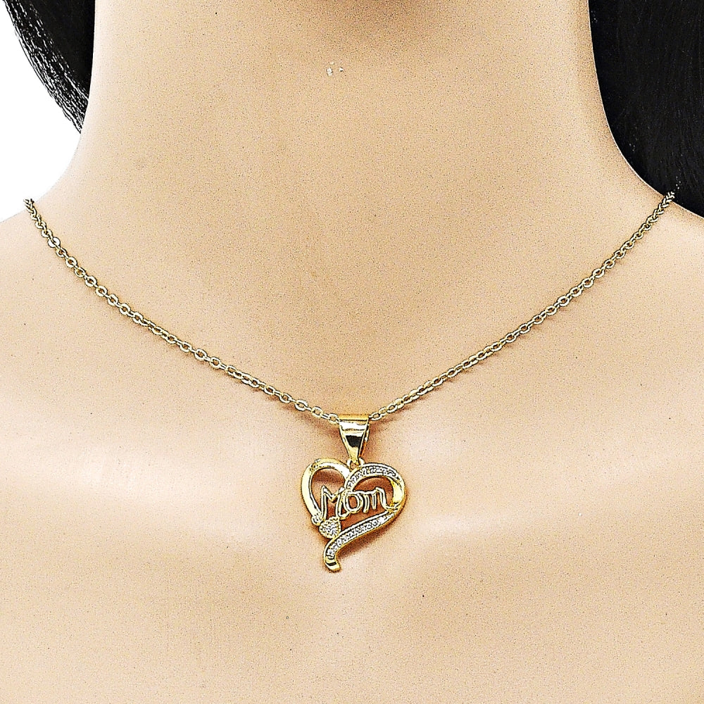 Oro Laminado Fancy Pendant, Gold Filled Style Heart and Mom Design, with White Micro Pave, Polished, Golden Finish