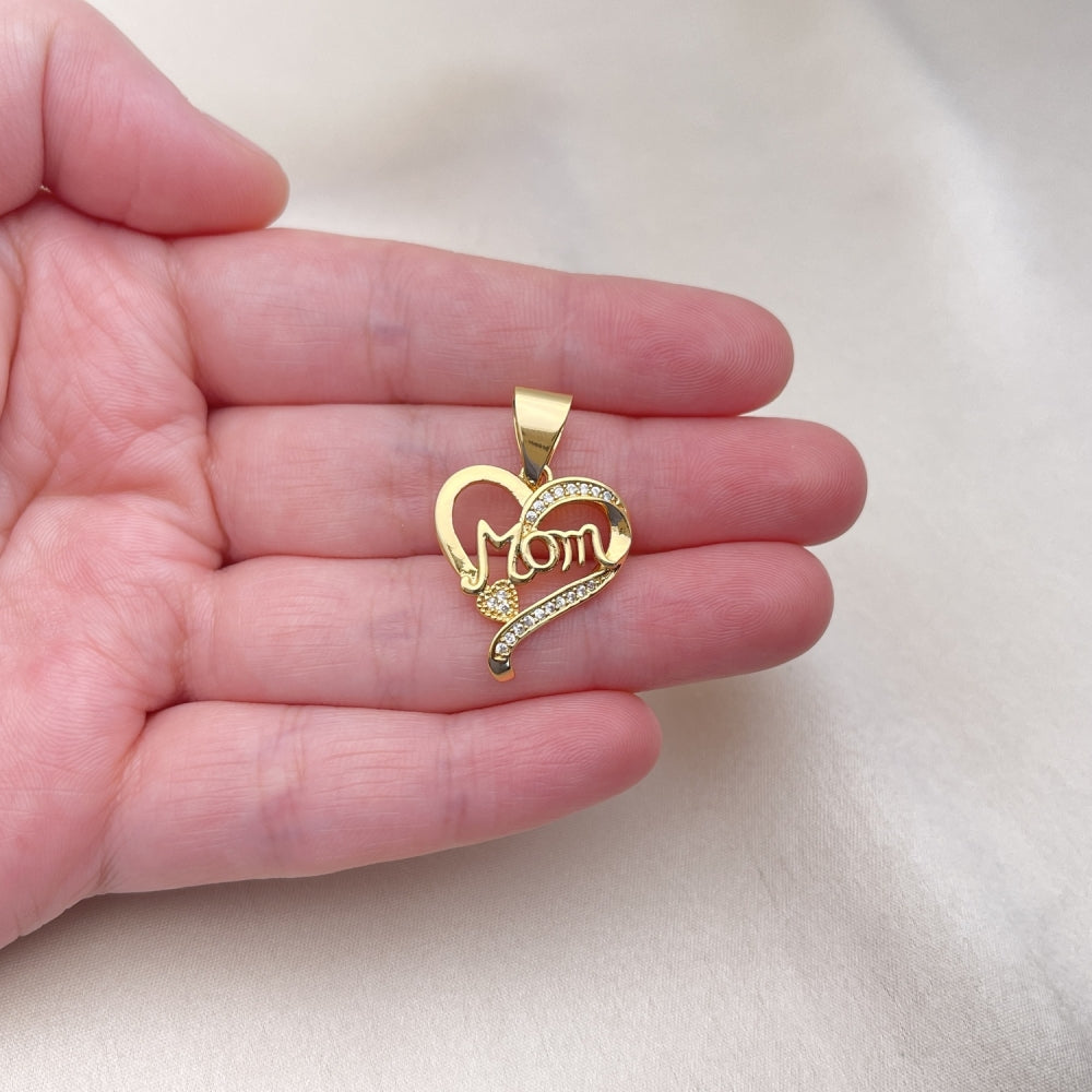 Oro Laminado Fancy Pendant, Gold Filled Style Heart and Mom Design, with White Micro Pave, Polished, Golden Finish