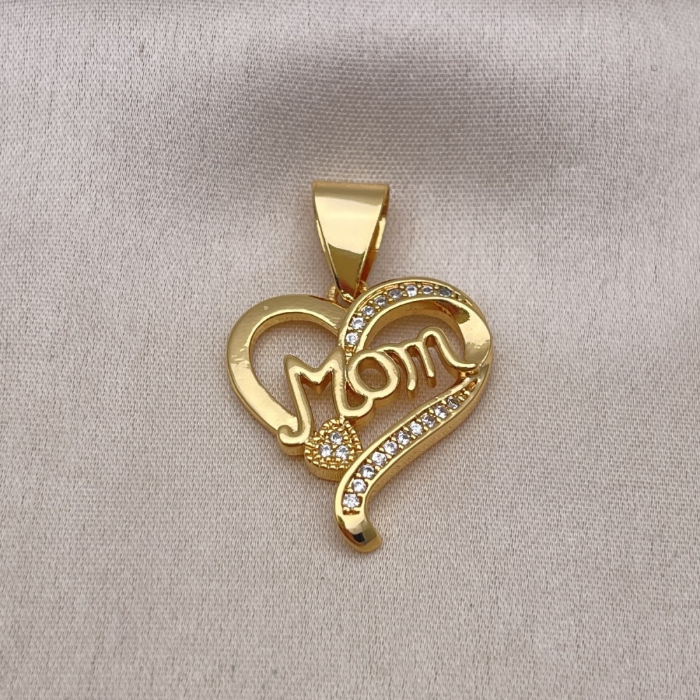 Oro Laminado Fancy Pendant, Gold Filled Style Heart and Mom Design, with White Micro Pave, Polished, Golden Finish