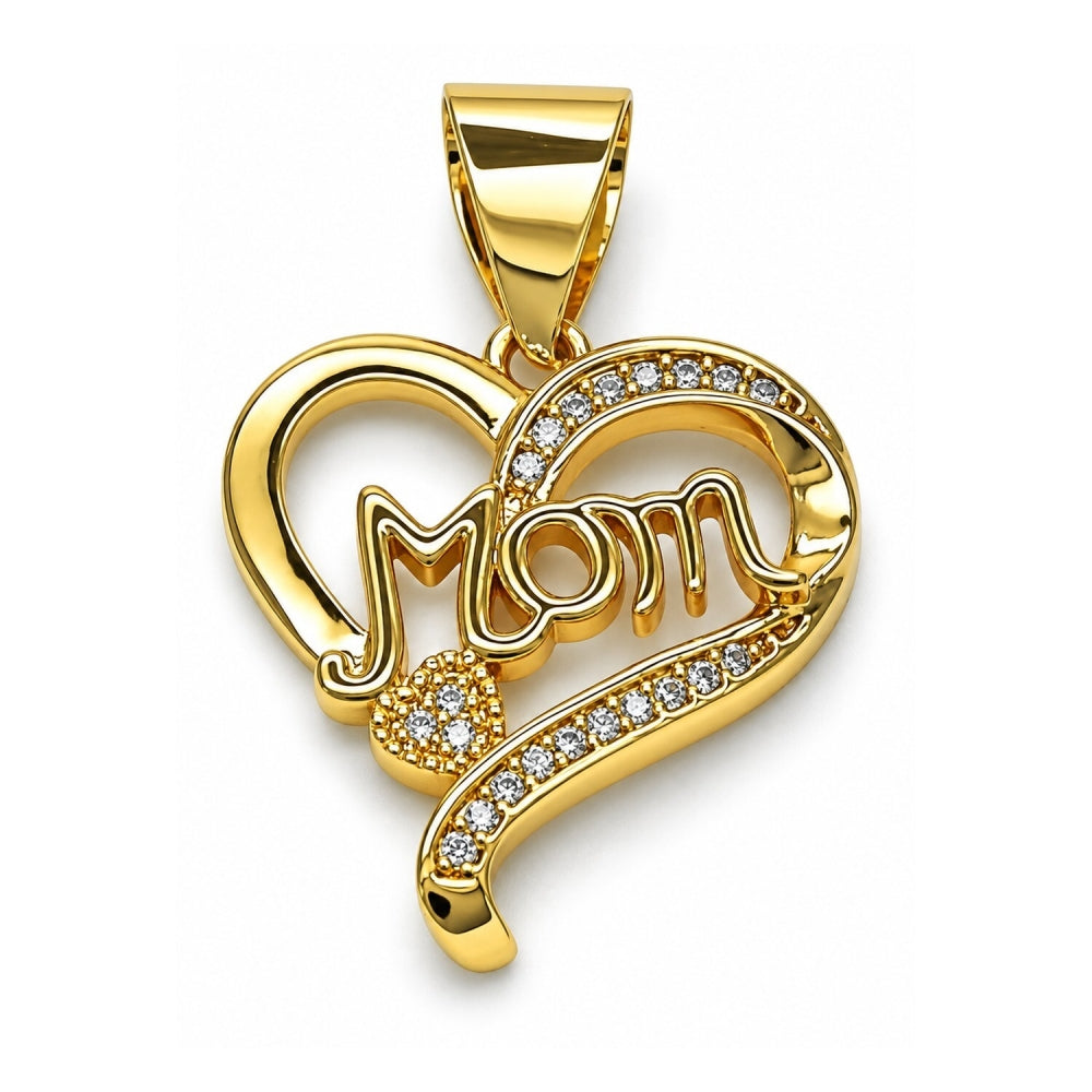 Oro Laminado Fancy Pendant, Gold Filled Style Heart and Mom Design, with White Micro Pave, Polished, Golden Finish
