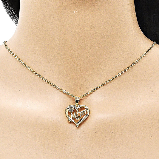 Oro Laminado Fancy Pendant, Gold Filled Style Heart and Mom Design, with White Micro Pave, Polished, Golden Finish