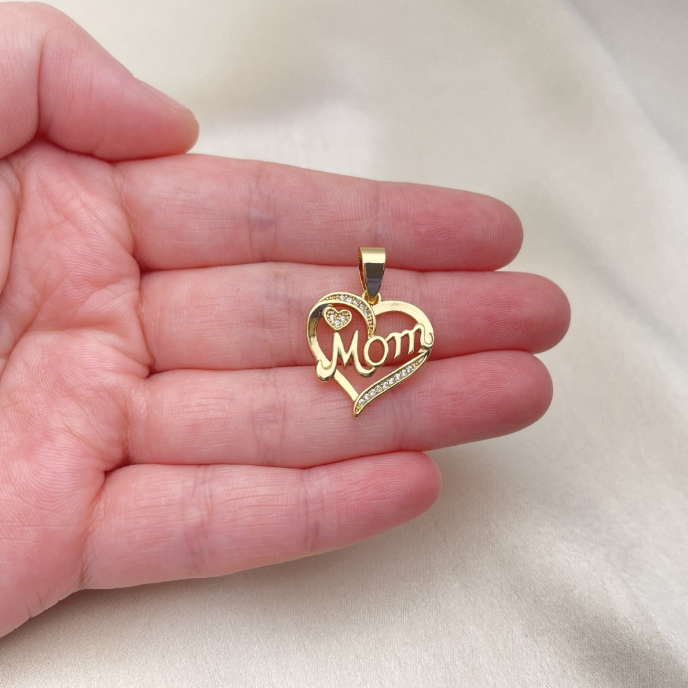 Oro Laminado Fancy Pendant, Gold Filled Style Heart and Mom Design, with White Micro Pave, Polished, Golden Finish