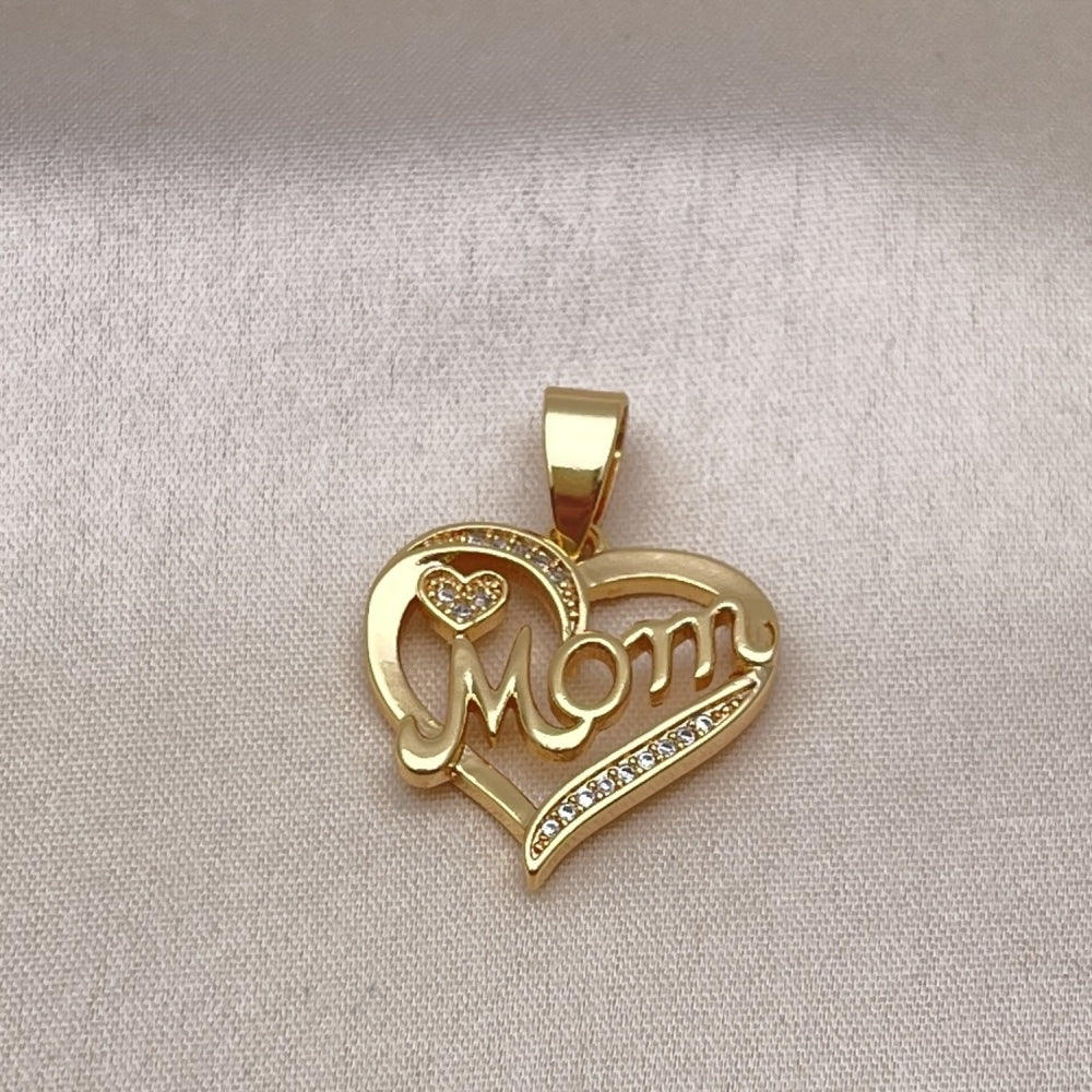 Oro Laminado Fancy Pendant, Gold Filled Style Heart and Mom Design, with White Micro Pave, Polished, Golden Finish