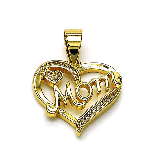 Oro Laminado Fancy Pendant, Gold Filled Style Heart and Mom Design, with White Micro Pave, Polished, Golden Finish